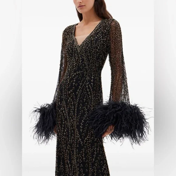 Rachel Gilbert Nowa Black Feather Embellished Maxi Beaded Gown AU2/US6 NWT